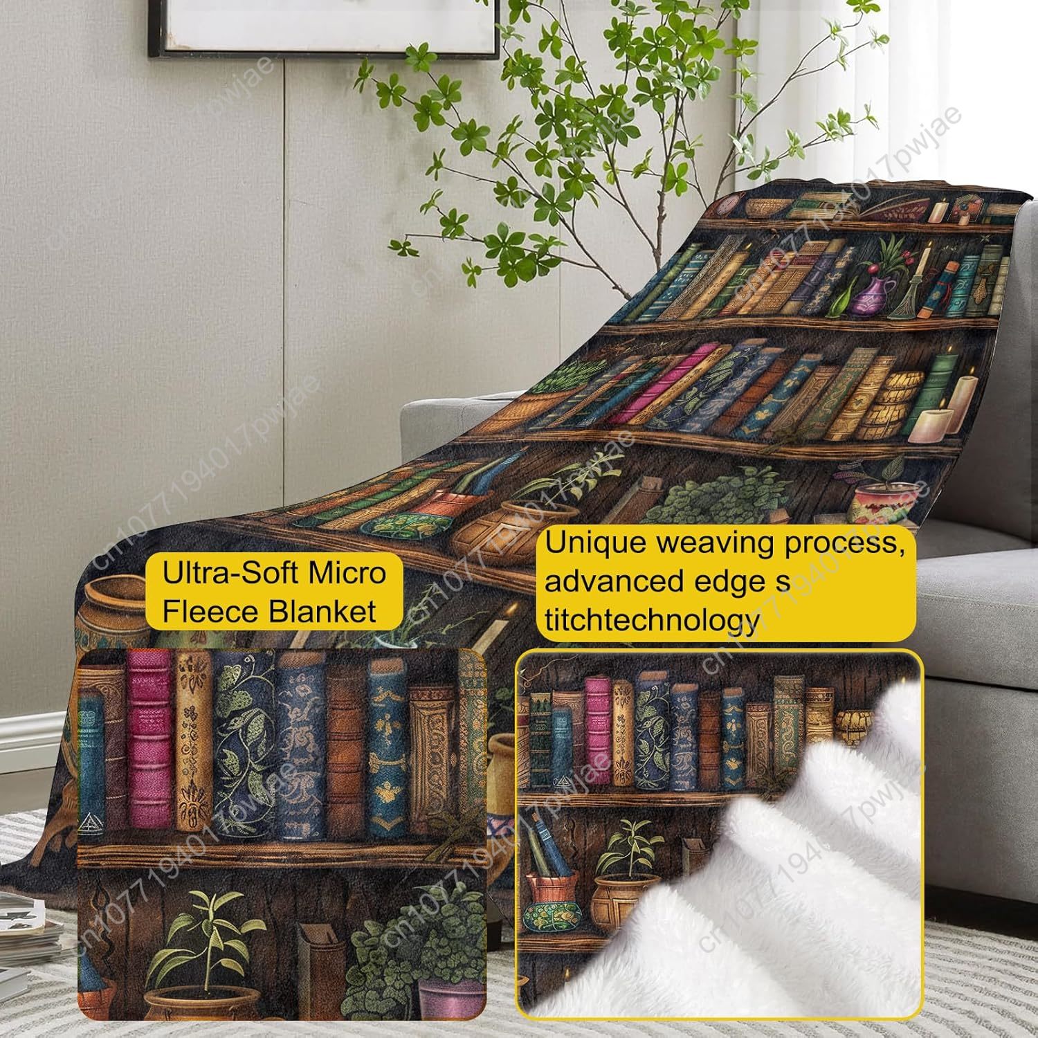 Vintage Bookshelf Blanket Read - Home Textiles & Furnishings 评论和价格